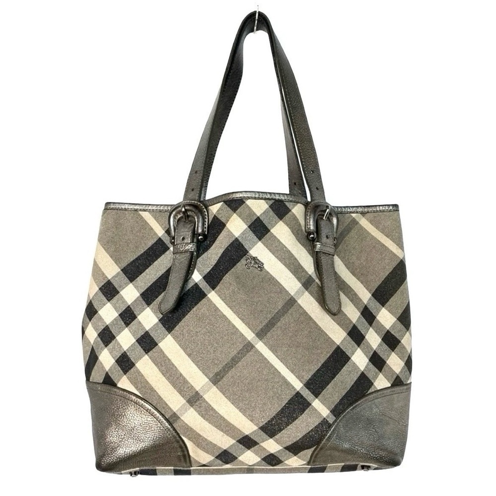 Burberry Byron Nova Check Tote Silver Metallic Plaid Large